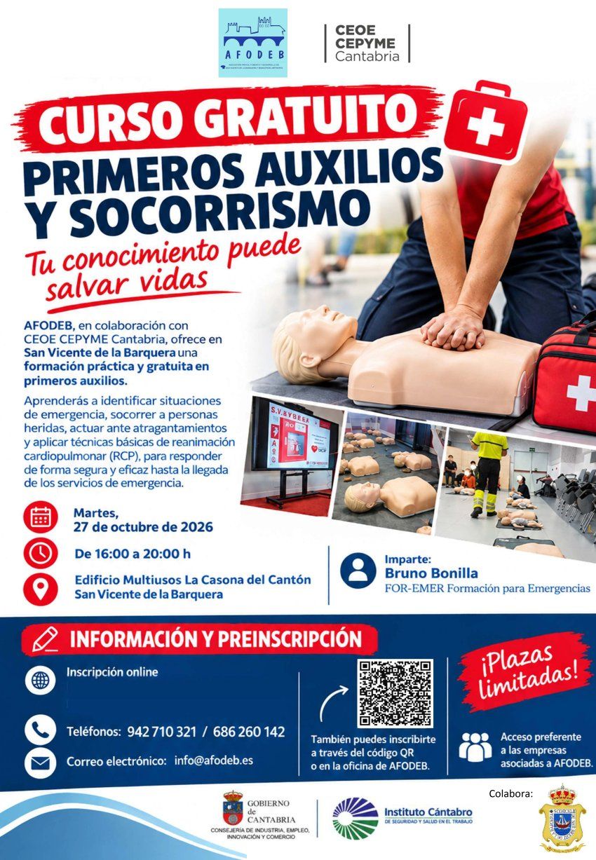 Cartel curso primeros auxilios AFODEB   CEOE CEPYME Cantabria